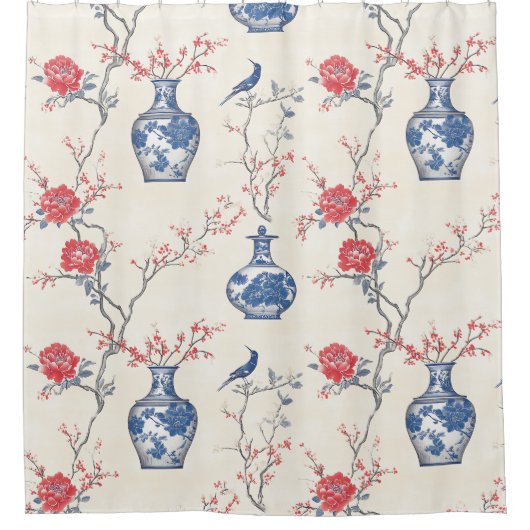 Oosterse elegantie: blauw porselein en bloesems douchegordijn (Voorkant)