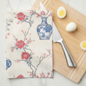 Oosterse elegantie: blauw porselein en bloesems theedoek (Quarter Fold)