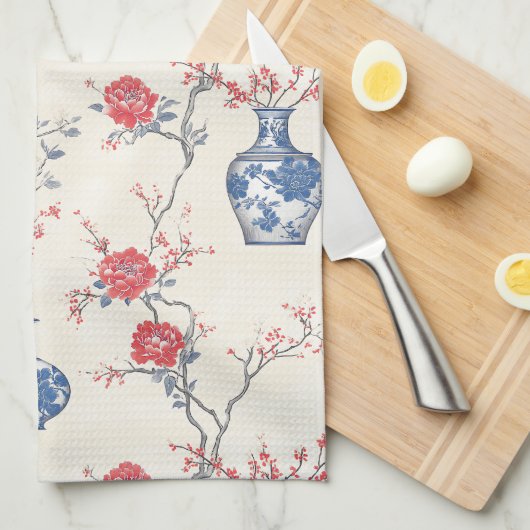 Oosterse elegantie: blauw porselein en bloesems theedoek (Quarter Fold)