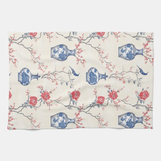 Oosterse elegantie: blauw porselein en bloesems theedoek (Horizontaal)