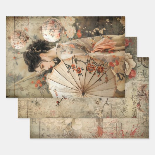 Oosterse Geisha esthetiek Zware gewicht Decoupage Inpakpapier Vel (Set)