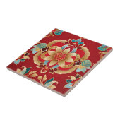Oosterse gouden bloemen rode achtergrond tegeltje (Zijkant)