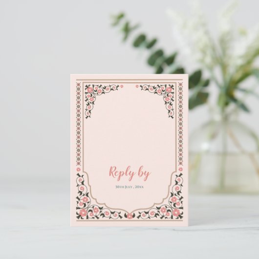  Oosterse Grens Bloemen Lijst Trouwantwoord RSVP Kaartje (Staand voorkant)