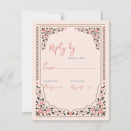  Oosterse Grens Bloemen Lijst Trouwantwoord RSVP Kaartje (Achterkant)