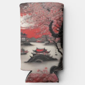 Oosterse inktborstel tekening Chinees dorp Seltzer Blikjeskoeler (Voorkant)