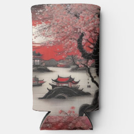 Oosterse inktborstel tekening Chinees dorp Seltzer Blikjeskoeler