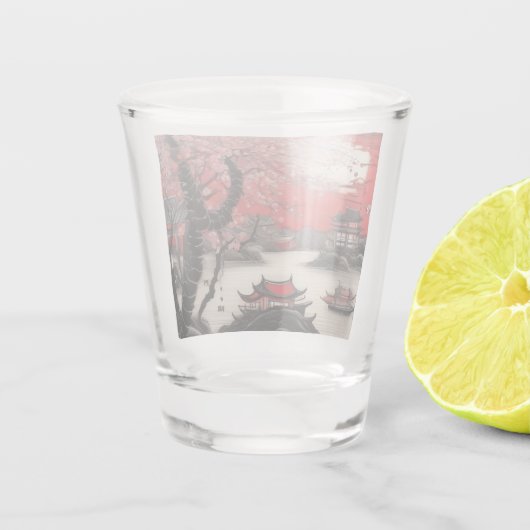 Oosterse Inktborstel Tekening Chinees landschap Shot Glas (Achterkant)