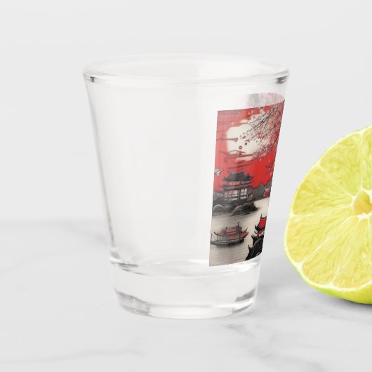 Oosterse Inktborstel Tekening Chinees landschap Shot Glas (Links)