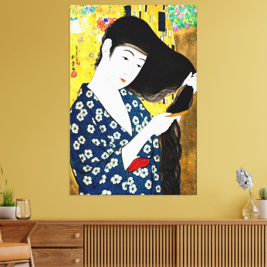 oosterse Japanse vrouw die haar haar haar haar ba Canvas Afdruk (Insitu (Woonkamer))