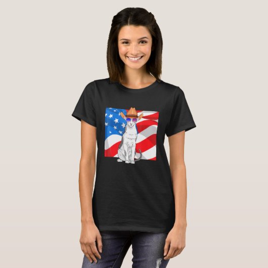 Oosterse Korthaar Kat 4 juli Patriottische Ameri T-shirt (Voorkant volledig)