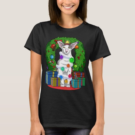 Oosterse Korthaar Kat Kerstboom Kerstman Sa T-shirt (Voorkant)