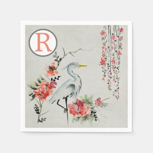 Oosterse kraan roze bloemen chinoiserie monogram servet (Voorkant)