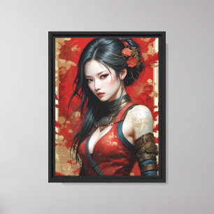 Oosterse krijger schoonheid in rode kunst canvas afdruk