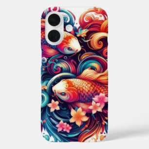 Oosterse levendige abstracte koi vissen en golven iPhone 16 hoesje