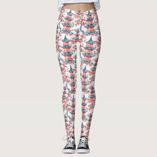 Oosterse Pagode Sakura Bloesem Rood Kunst Leggings