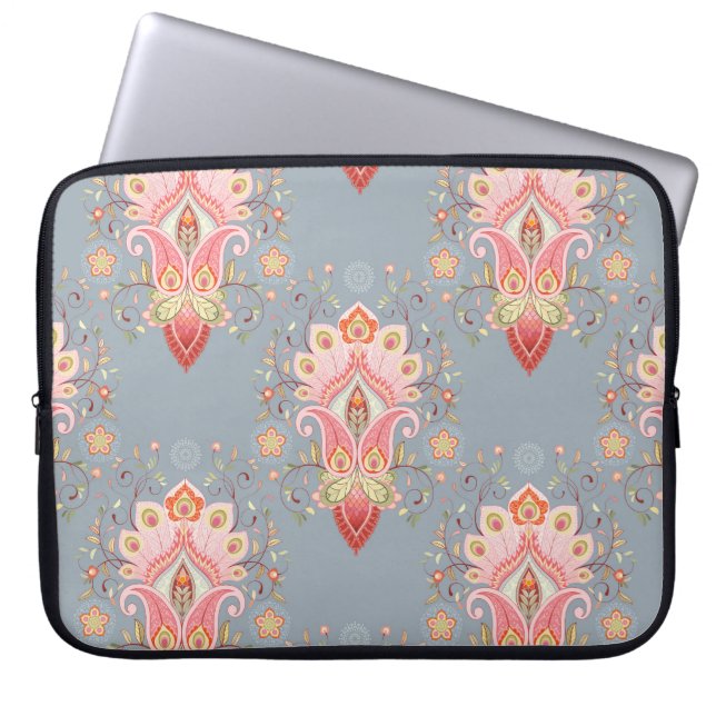 Oosterse Paisley Peacock Feather Achtergrond Laptop Sleeve (Voorkant)