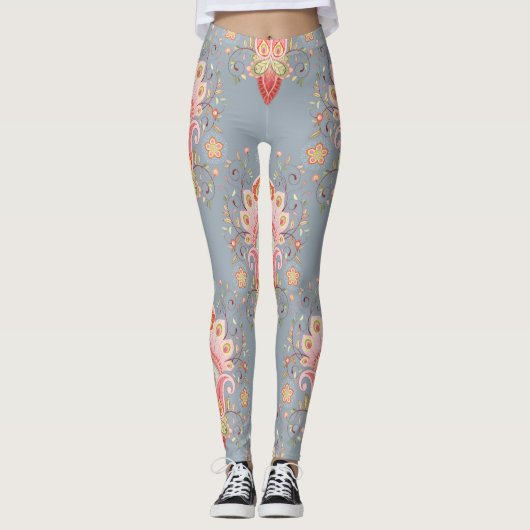 Oosterse Paisley Peacock Feather Achtergrond Leggings (Voorkant)