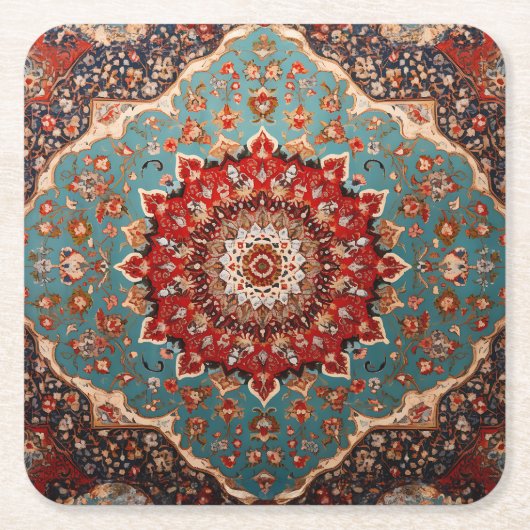Oosterse Retro Perzische Patroon Rode Crème Blauw Kartonnen Onderzetters (Voorkant)