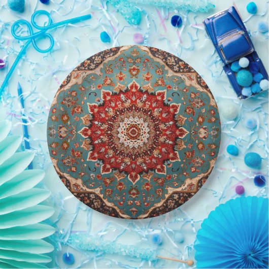 Oosterse Retro Perzische Patroon Rode Crème Blauw Papieren Bordje (Feest)