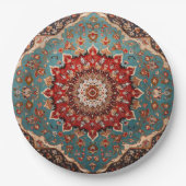 Oosterse Retro Perzische Patroon Rode Crème Blauw Papieren Bordje (Voorkant)