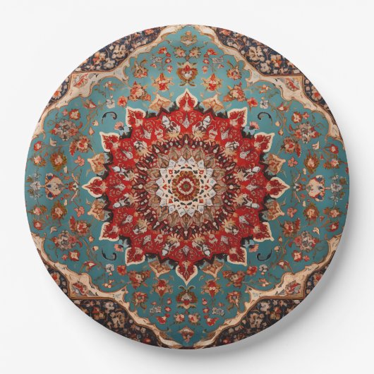 Oosterse Retro Perzische Patroon Rode Crème Blauw Papieren Bordje (Voorkant)