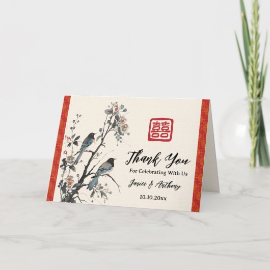 Oosterse rode bloem vogel Chinese bruiloft Bedankkaart (Voorkant)