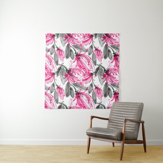 Oosterse rode bloem: Waterverf. Wandkleed (In Situ (horizontaal))