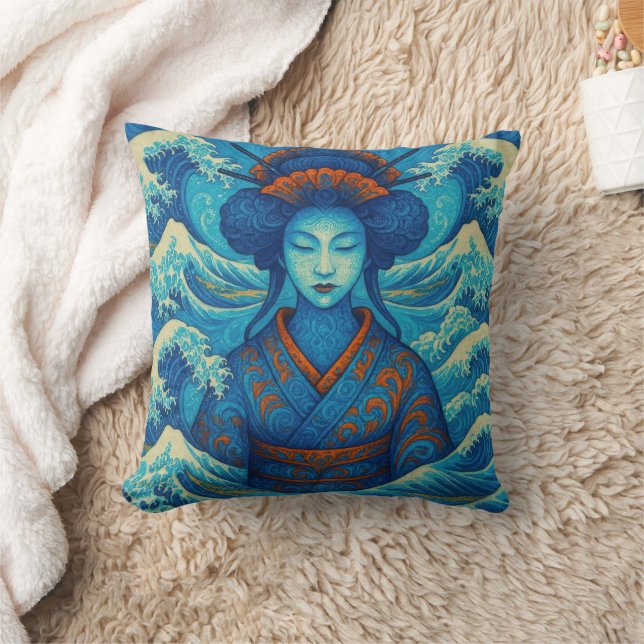 Oosterse schoonheid Geisha Kanagawa blauwe golven Kussen (Deken)