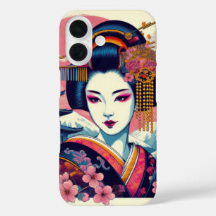 Oosterse schoonheid Geisha Maiko roze sakura bloem iPhone 16 Hoesje