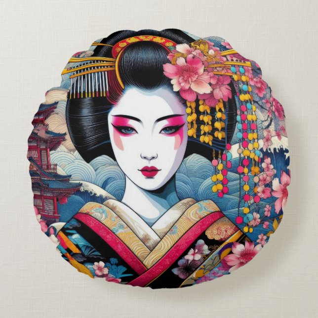 Oosterse schoonheid Geisha Maiko sakura bloemen go Rond Kussen (Voorkant)