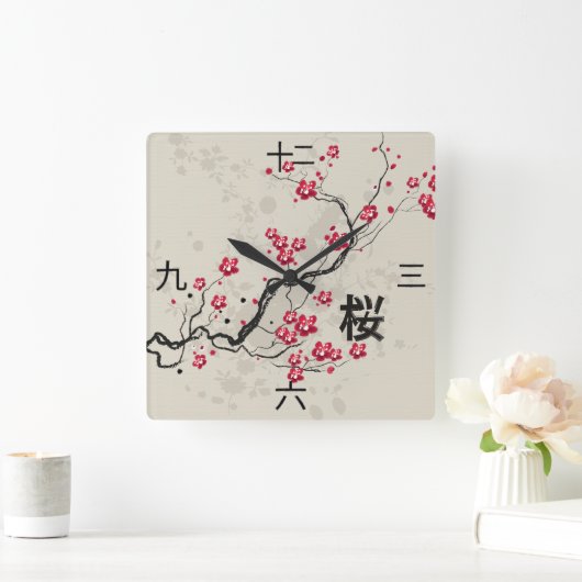 Oosterse stijl Sakura kunst met kanji nummers Vierkante Klok (Huis)