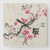 Oosterse stijl Sakura kunst met kanji nummers Vierkante Klok (Voorkant)