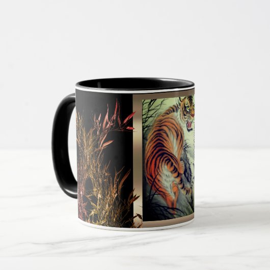 Oosterse tijger en bamboe elegante zwart gouden or mok (Voorkant links)