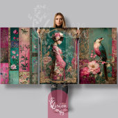 Oosterse tuin, Portret, Vogel, Patchwork, Bloemen Inpakpapier Vel