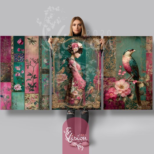 Oosterse tuin, Portret, Vogel, Patchwork, Bloemen Inpakpapier Vel