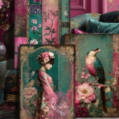 Oosterse tuin, Portret, Vogel, Patchwork, Bloemen Inpakpapier Vel