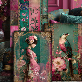 Oosterse tuin, Portret, Vogel, Patchwork, Bloemen Inpakpapier Vel