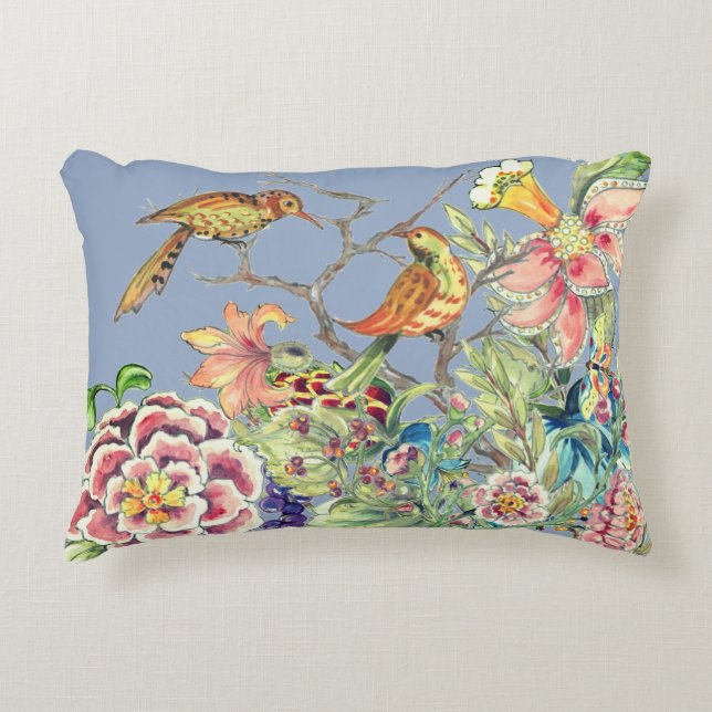 Oosterse Vogels in Bloemtuin Chinoiserie Blauw Accent Kussen (Voorkant)