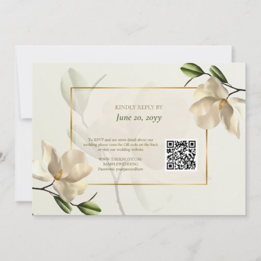Oosterse Witte Magnolia QR Code Bruiloft RSVP Kaar Save The Date (Voorkant)