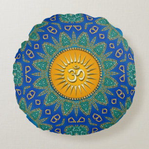 Oosterse Zon Koninklijk Blauw Teal OM Meditatie Rond Kussen