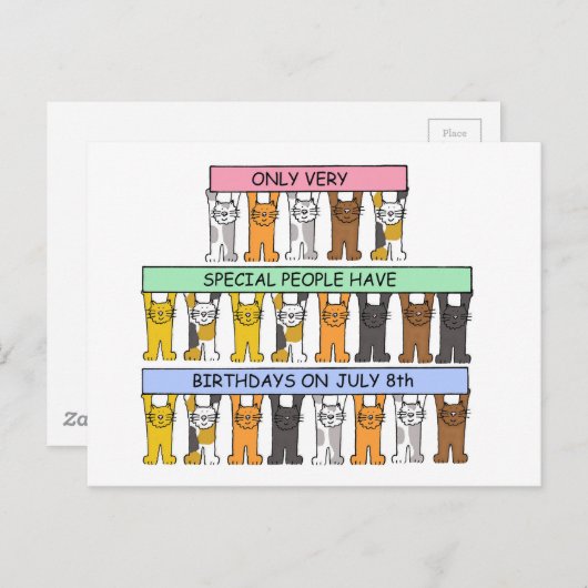 Op 8 juli Happy Birthday Cartoon Cats Briefkaart (Voorkant / Achterkant)