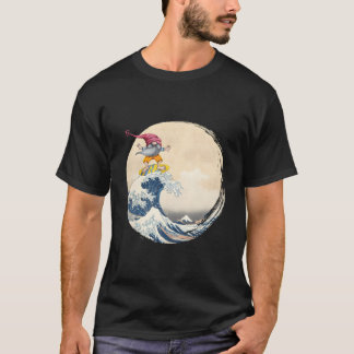 Op achterste surfende kabouter die grote golf voor t-shirt