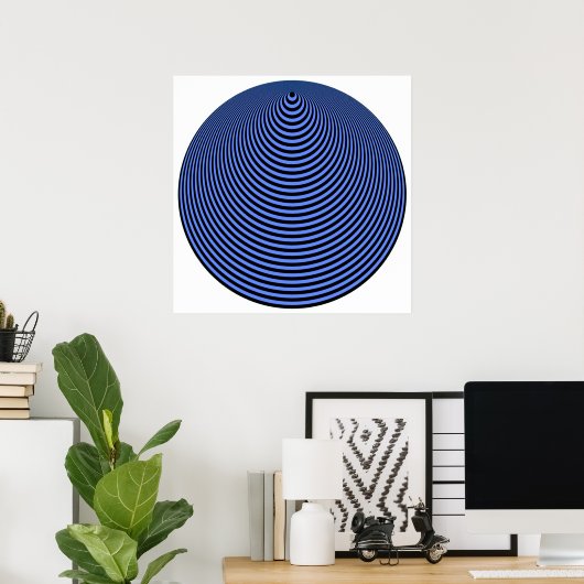 Op Art Concentric Circles Blue boven Black Poster (Thuiskantoor)
