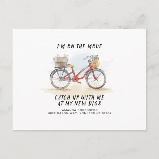 Op beweging met Cat Red Bicycle Moving Address Aankondigingskaart (Voorkant)