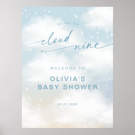 Op Cloud 9 Dreamy Clouds Baby shower Blue Welkom Poster (Voorkant)