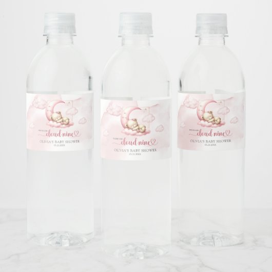 Op Cloud 9 schattig roze meisje Baby shower Waterfles Etiket (Flessen)
