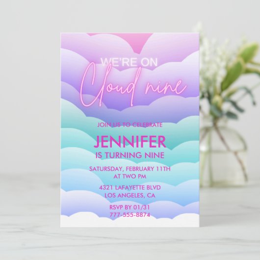 Op Cloud 9 Verjaardag Uitnodiging 9e Magische Roze (Staand voorkant)