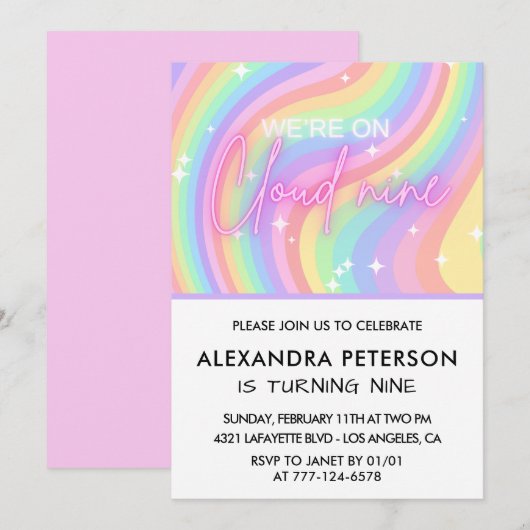 Op Cloud 9 Verjaardag Uitnodiging Magical Pink (Voorkant / Achterkant)