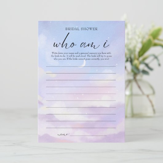 Op Cloud 9 Wie ben ik Vrijgezellenfeest Game Kaart (Staand voorkant)