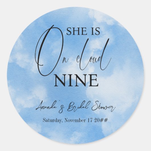 Op Cloud Nine 9 Calligrafie Blauwe Bruiloft Feest Ronde Sticker (Voorkant)